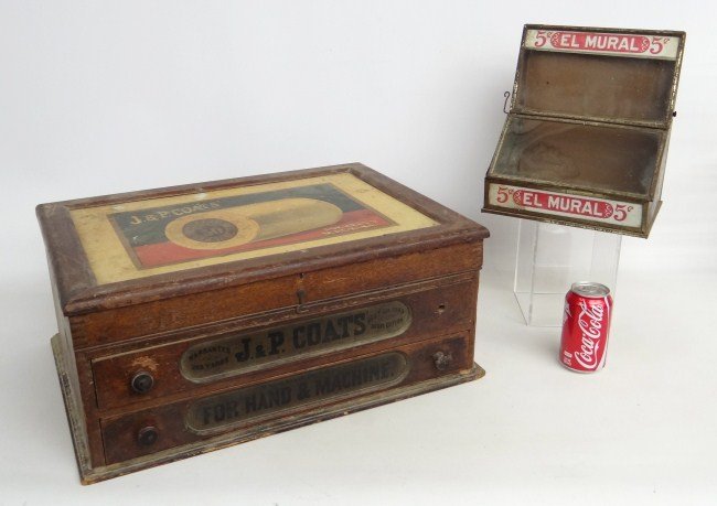 19th c. Spool Cabinet: Lot including 19th c. "J & P Coats" spool cabinet (top decorated), along with "El Mural" counter top case. 9 1/2" W 11" Ht.