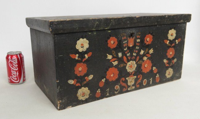 Painted Box: Paint decorated box with floral decoration on front dated 1901. 21 1/2" W 11" D 10" Ht.