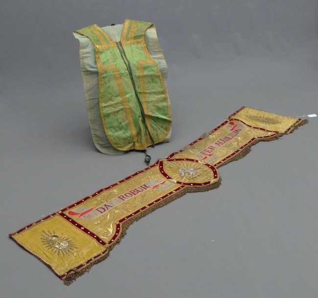 Religious Lot: Lot including early Religious banner "DA ROBUR FER AUXILIUM". 87" Wide, along with pull over vestment.