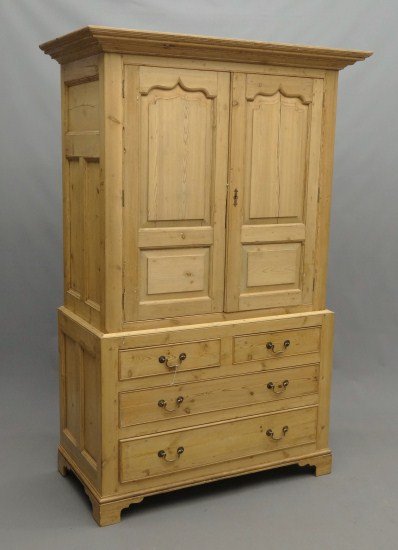 English Linen Press: English scrubbed pine linen press. 46" W 23 1/2" D 79" Ht.