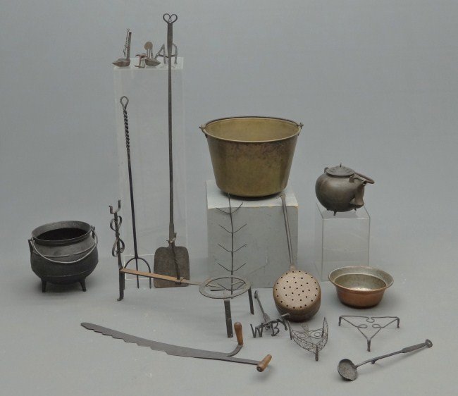 Primitive Lot: Metalware lot including brass bowl, copper pan, tea kettle, bedwarmer, peel, fork. brands etc.