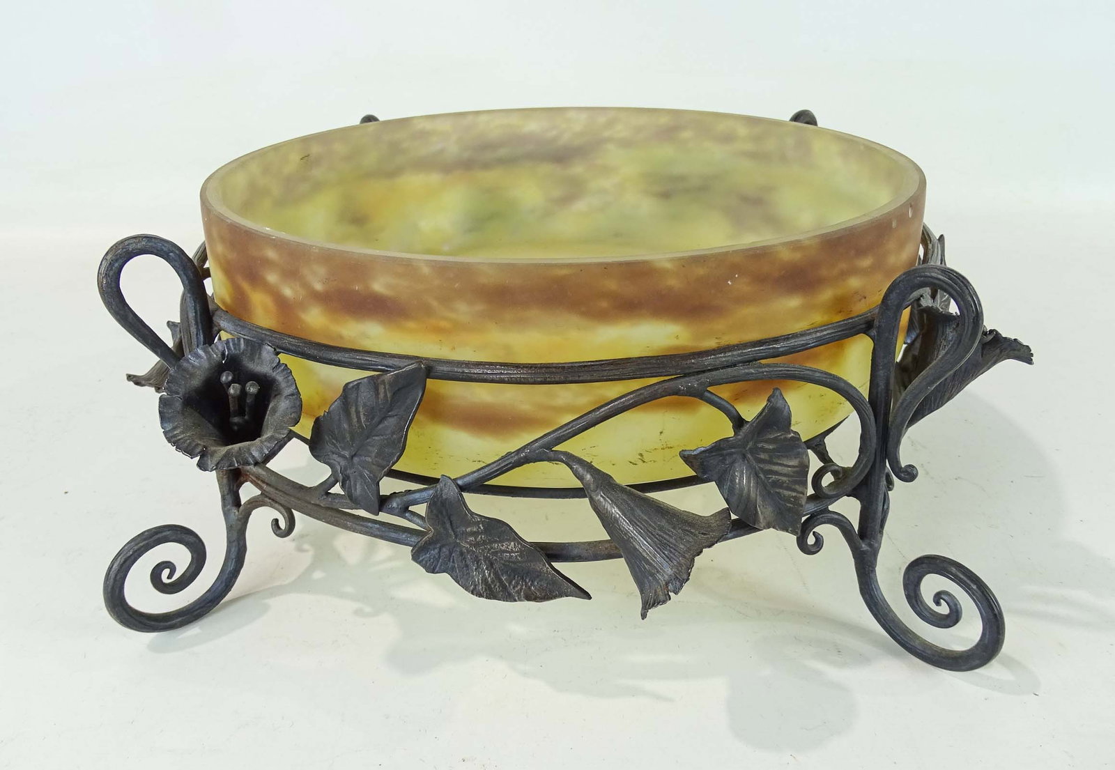 Art Deco Glass Bowl: Art Deco glass bowl with wrought iron under base. Bowl 9 3/4" D..