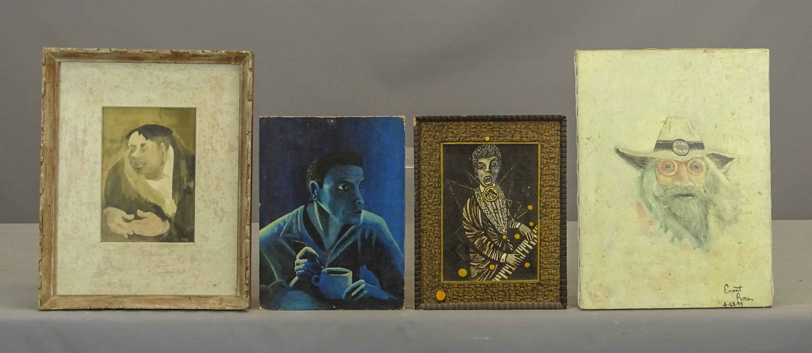 Artwork Lot: Artwork lot including: Ernest Rosen, Wizard, oil on canvas (16" x 12"), watercolor of a man (overall in frame 17" x 13"), "Blue Man", oil on artist board (dated 1962, 12" x 9"), piano player, oil on a