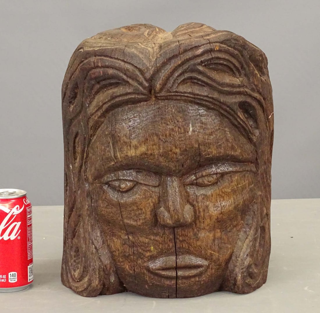 Folk Art Carved Wooden Head: Folk art carved wooden head. 9" x 9" x 13".