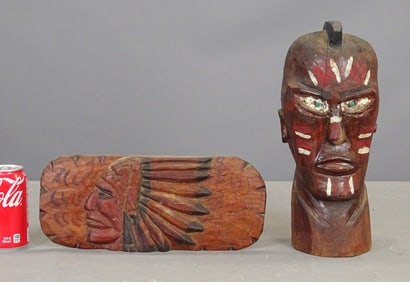 Folk Art Native American Carved Wooden Head