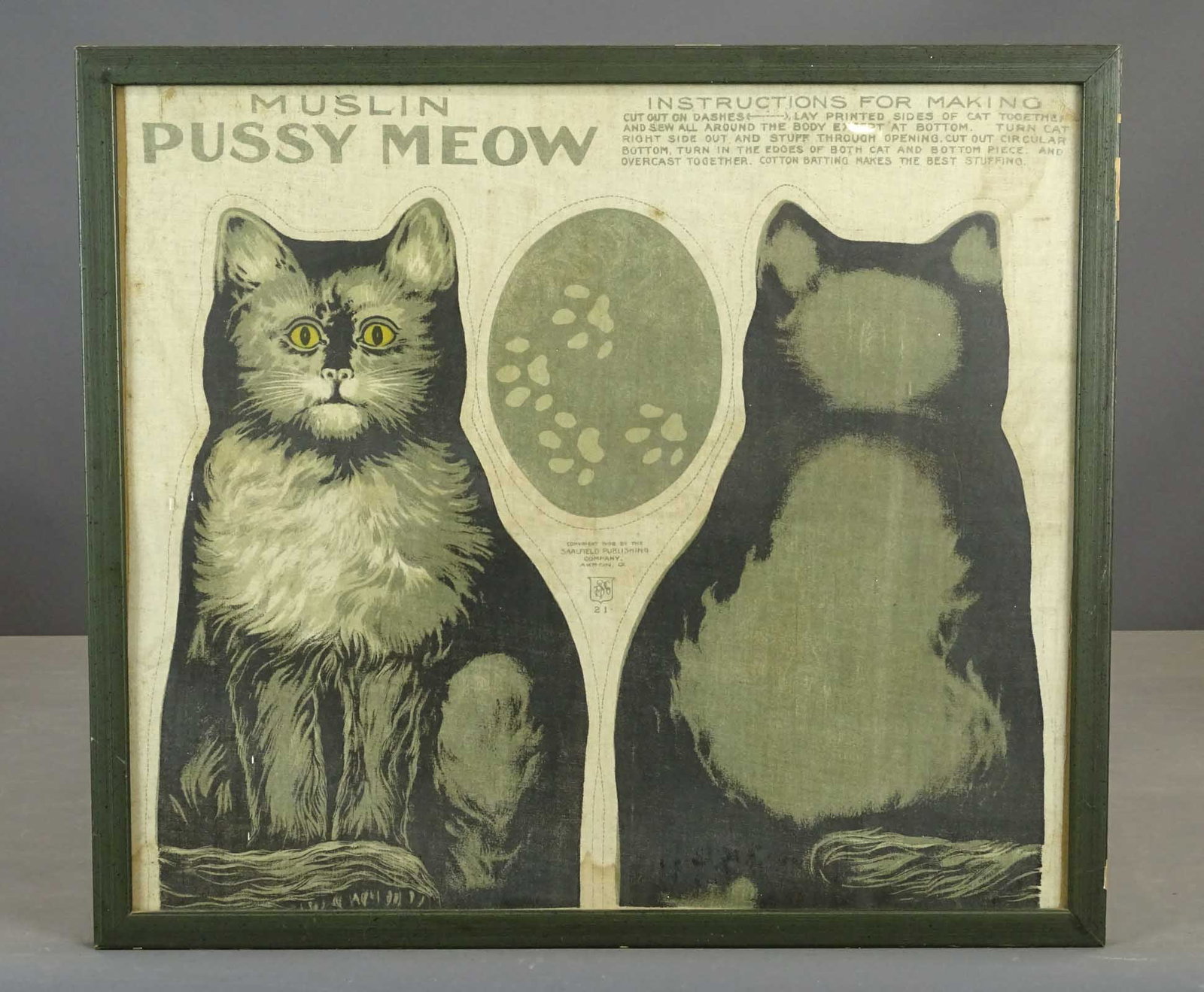 Framed Muslin Cat Pattern: Early framed pattern "MUSLIN PUSSY MEOW". Overall in frame 17 1/2" x 19 1/2".