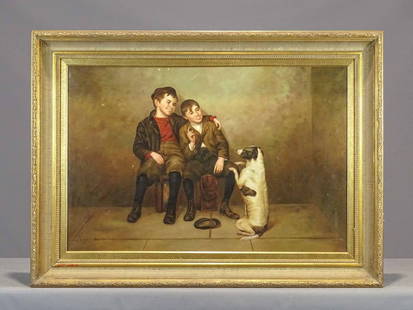 Painting: Style of John George Brown: Contemporary Painting: Style of John George Brown. Street kids with dog. Oil on canvas. Signed indistinctly LLC. 24" x 36", overall 32" x 45".