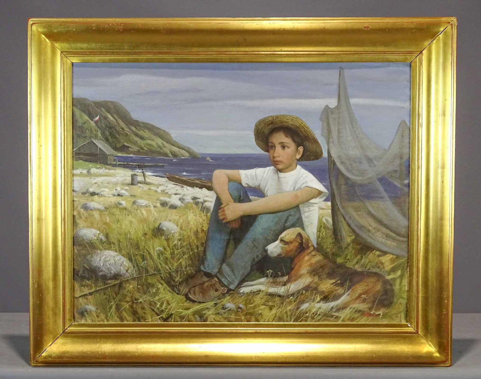 Painting: Boy and Dog by Ocean: Contemporary Painting: Boy and dog near ocean. Oil on canvas. 27 1/2" x 35", overall 36" x 44 1/2".