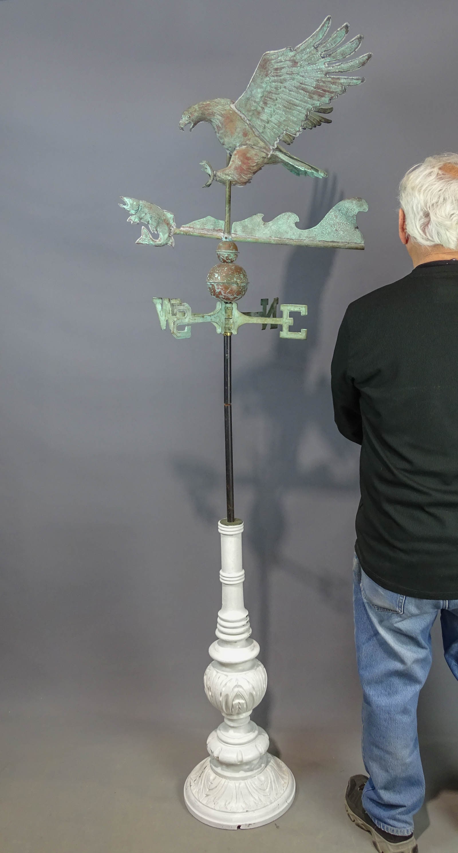 Eagle Weathervane: Copper eagle and fish weathervane on custom base. 24" wing span, 28" Ht., 78" overall Ht..