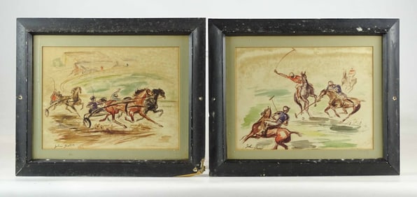 Pair Horse Race Watercolor Paintings