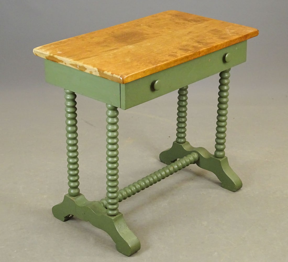 Spool Leg Stand: Spool leg single drawer stand. Base in green paint. 30" x 18" x 27 1/2".