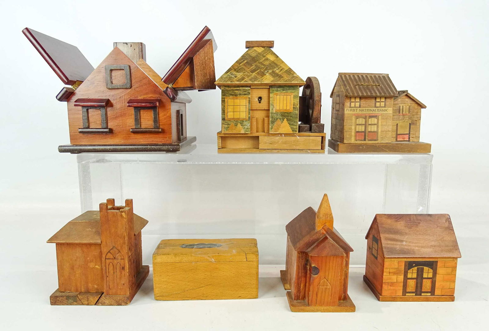 Bank Lot: Lot (7) vintage wooden building banks. Some trick.