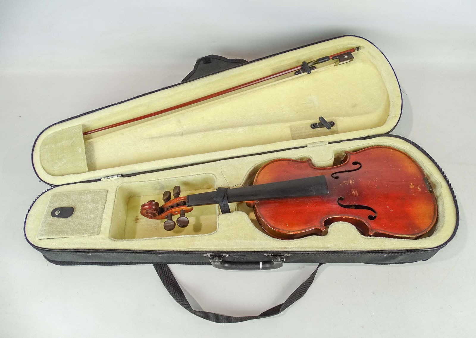 Violin: Violin, 3/4" size, French, possibly JTL, overall length 21 1/2" with case and bow. Length over body 13".
