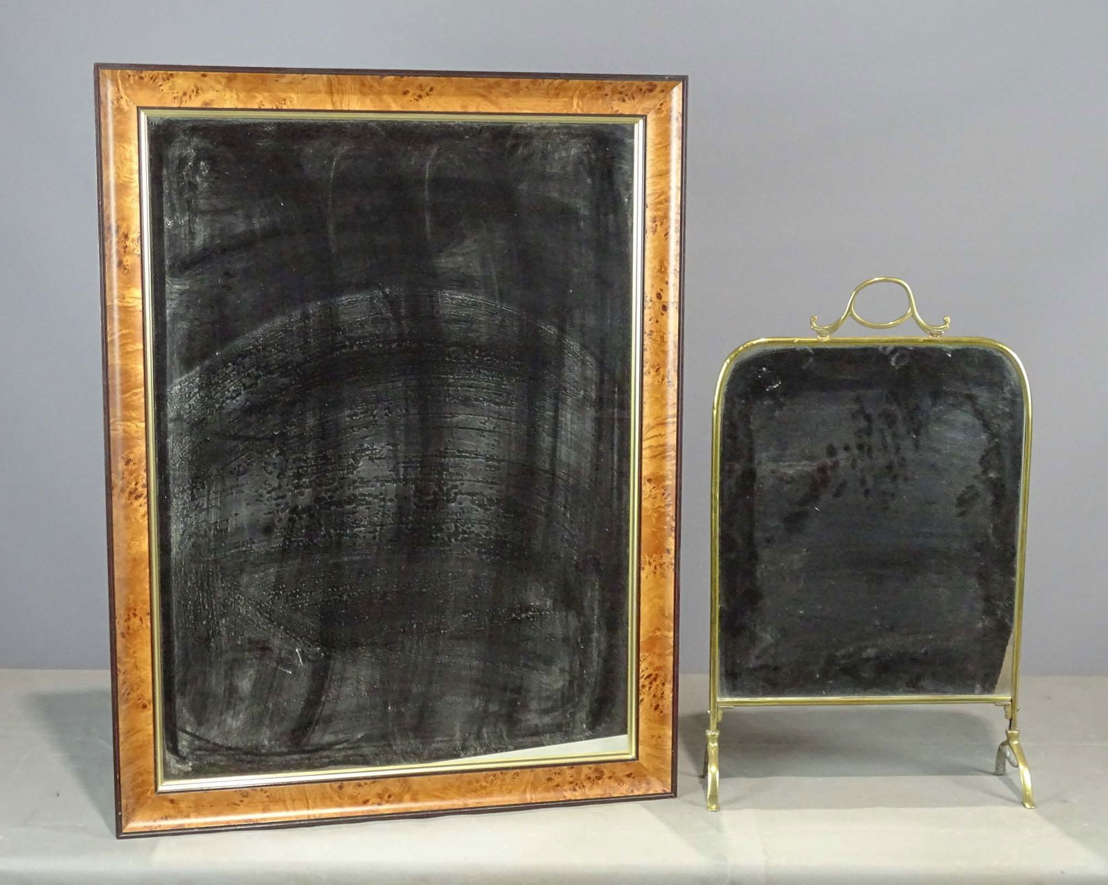 Mirror Lot: Lot including brass dresser mirror (26" Ht., 15" W.), and modern veneered mirror (35 1/2" x 27").