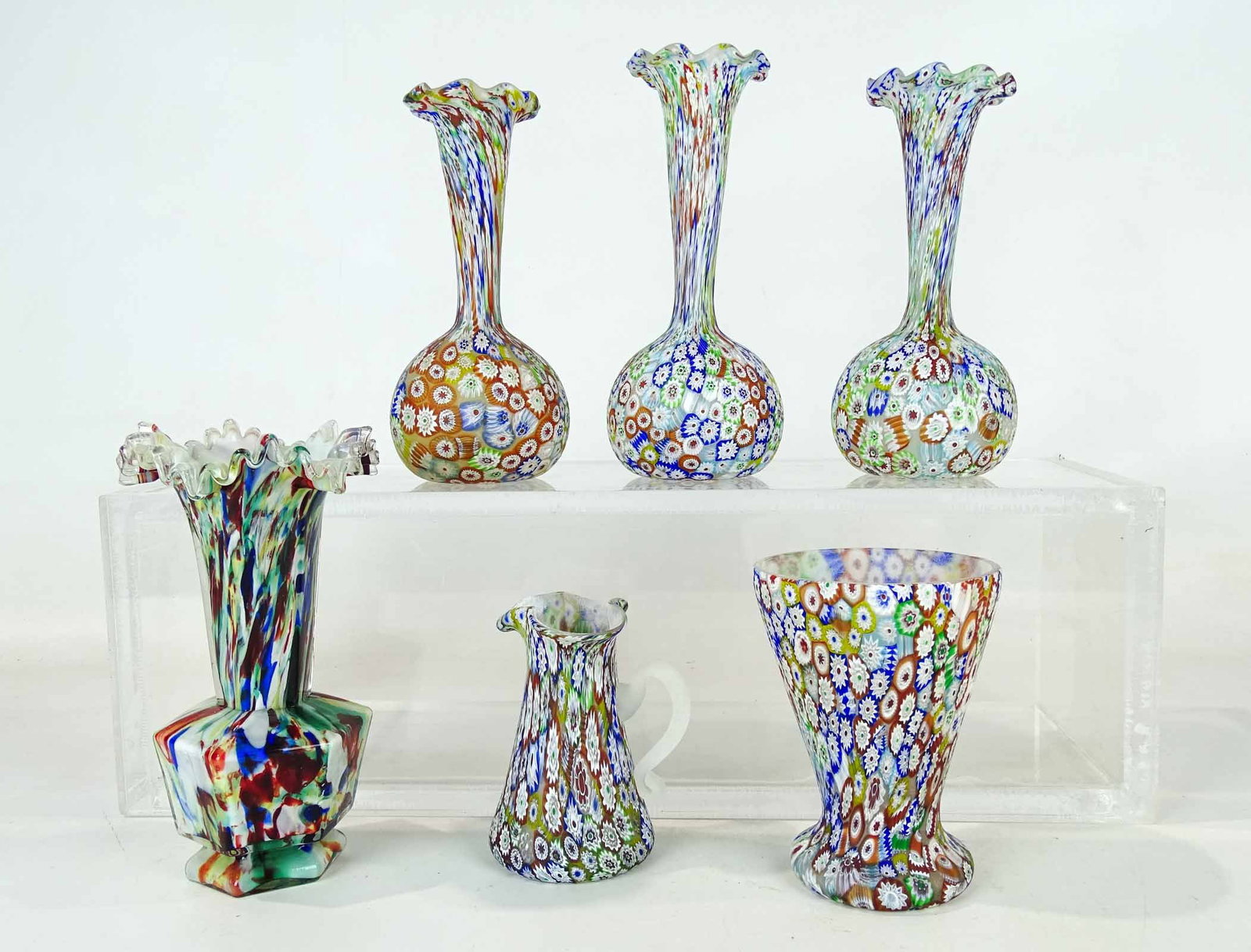End of Day Glass Lot: Lot (6) pieces of End of Day glass. Tallest 8" Ht.. Barbara Packer collection. Good condition.