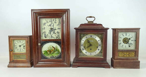 Clock Lot: Clock lot: Seth Thomas bracket clock; Ansonia shelf clock, Seth Thomas shelf clock; small Seth Thomas Ogee clock (Prov. from Locust Grove Poughkeepsie, NY, home of S. F. Morse), 16 1/4".
