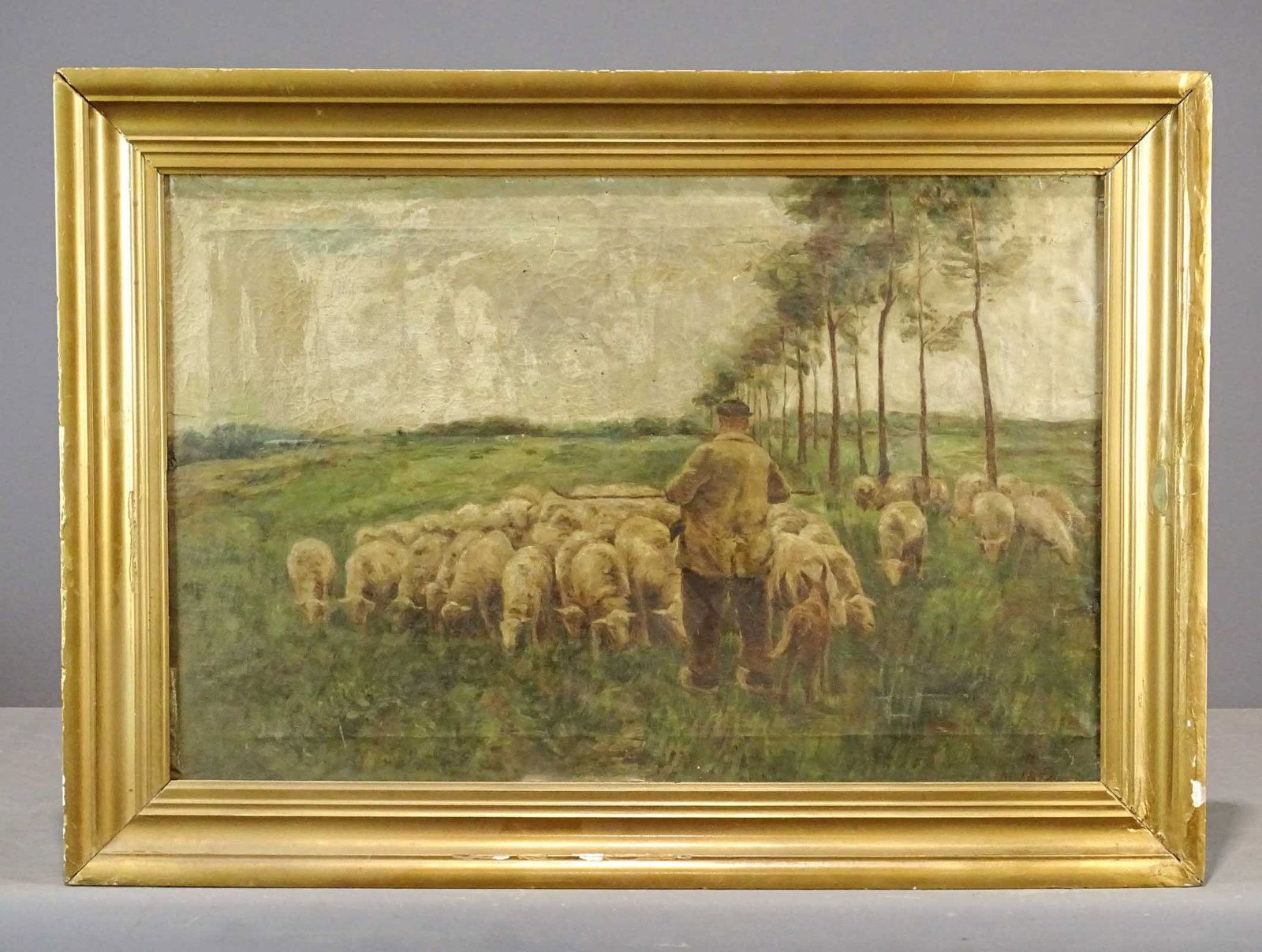 Painting signed "A. M. S.": Painting oil on panel "Herding Sheep", signed "A. M. S.", 19" x 29", frame 24 1/2" x 34".