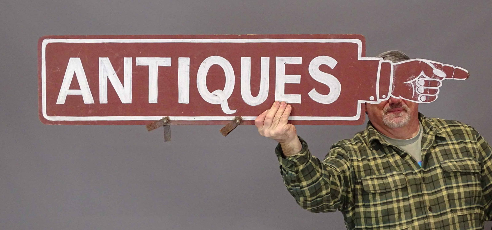 Trade SIgn: Trade sign "Antiques". 47" L., 10" Ht..