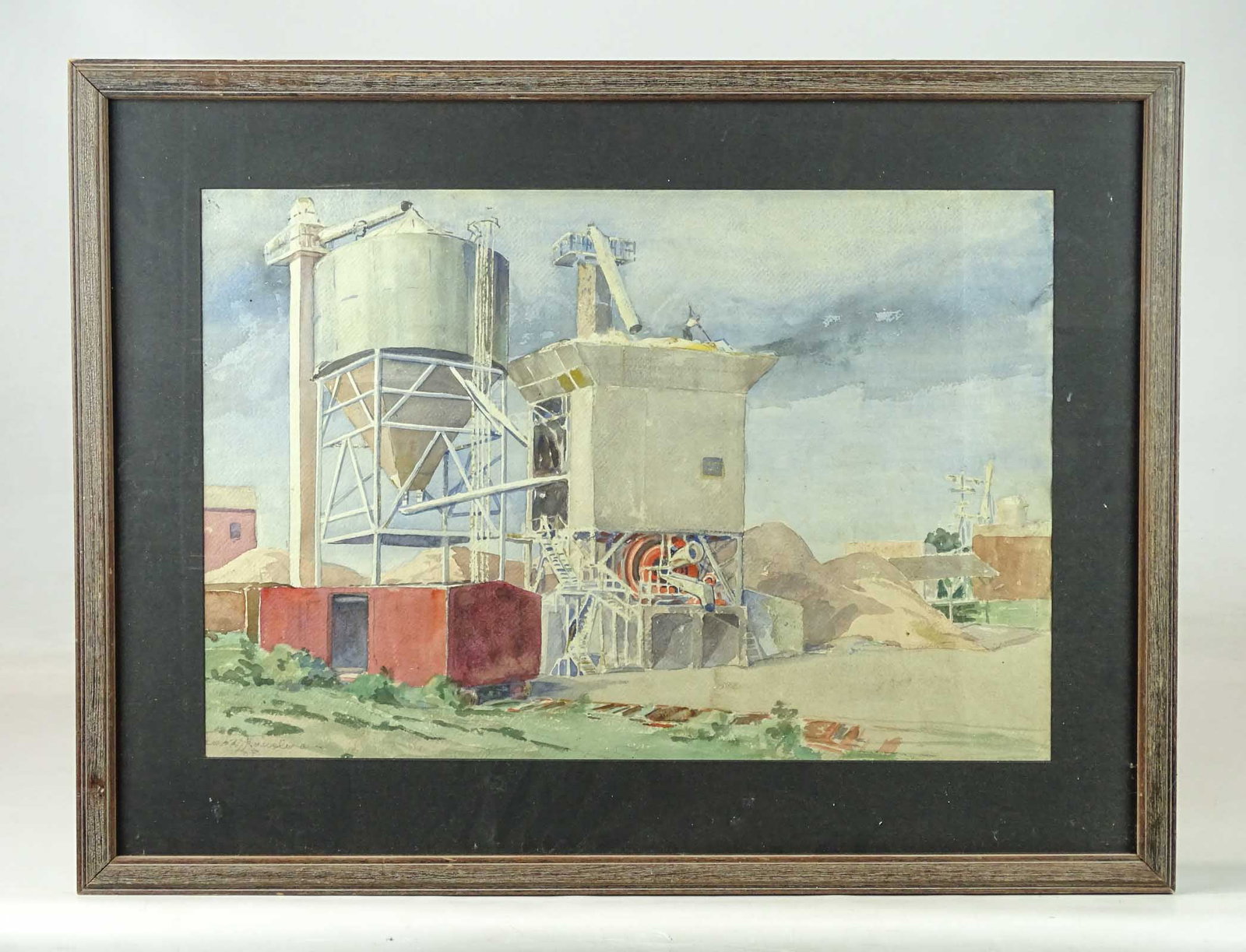 Watercolor of Industrial Landscape: Watercolor of Industrial landscape. Signed LLC. Sight 15" x 22", overall 21 1/2" x 28 1/2".