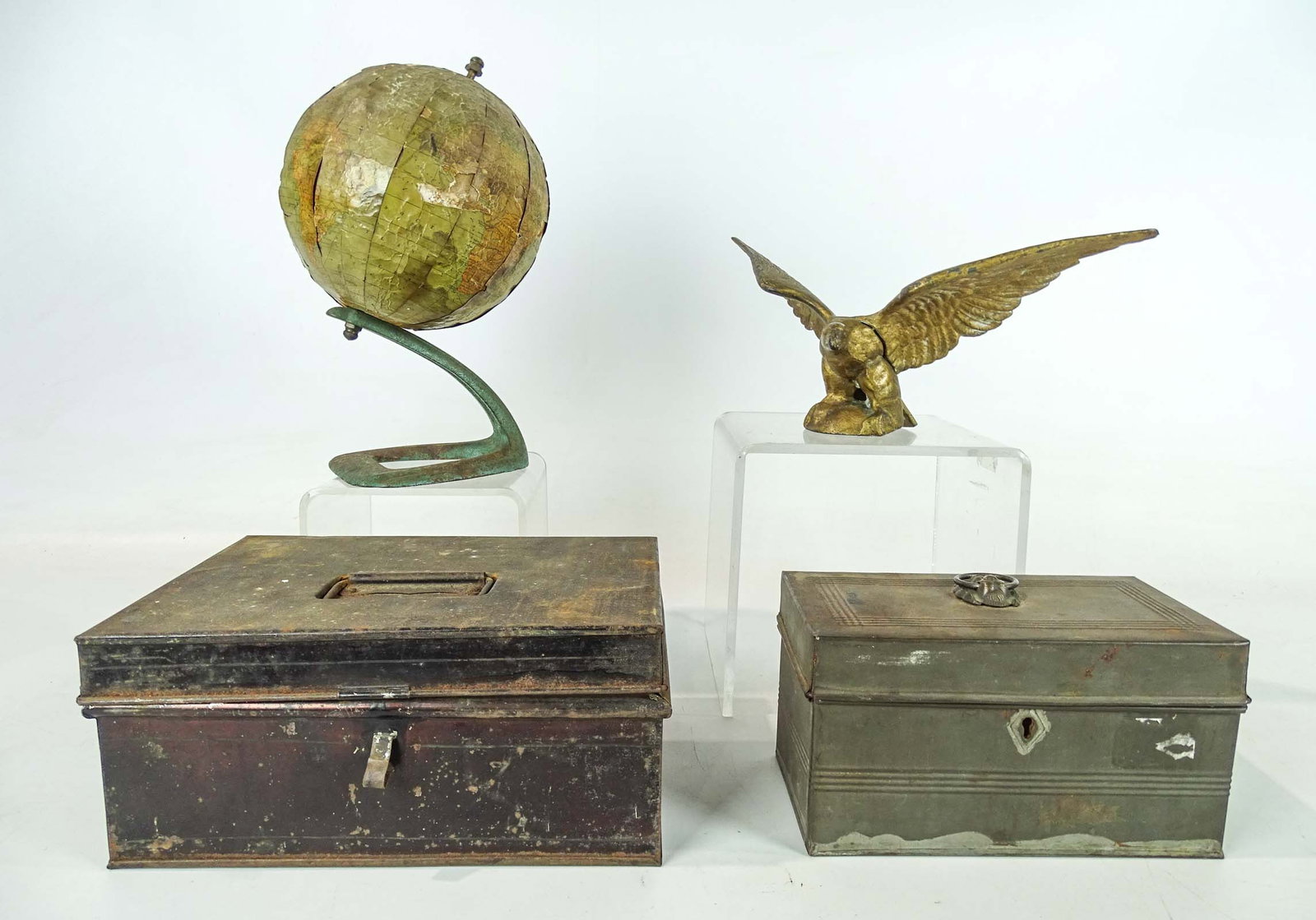 Misc. Lot: Lot including early globe on iron base (10" Ht.), cast iron eagle (12" W., 4 1/2" Ht.), (2) tole boxes.