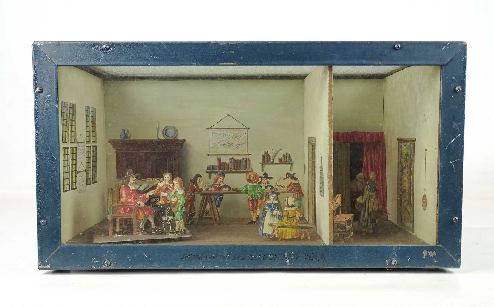 Diorama: Early metal case diorama. 18 1/2" x 10" x 9 1/2". Interior subject with Pilgrim era figures.