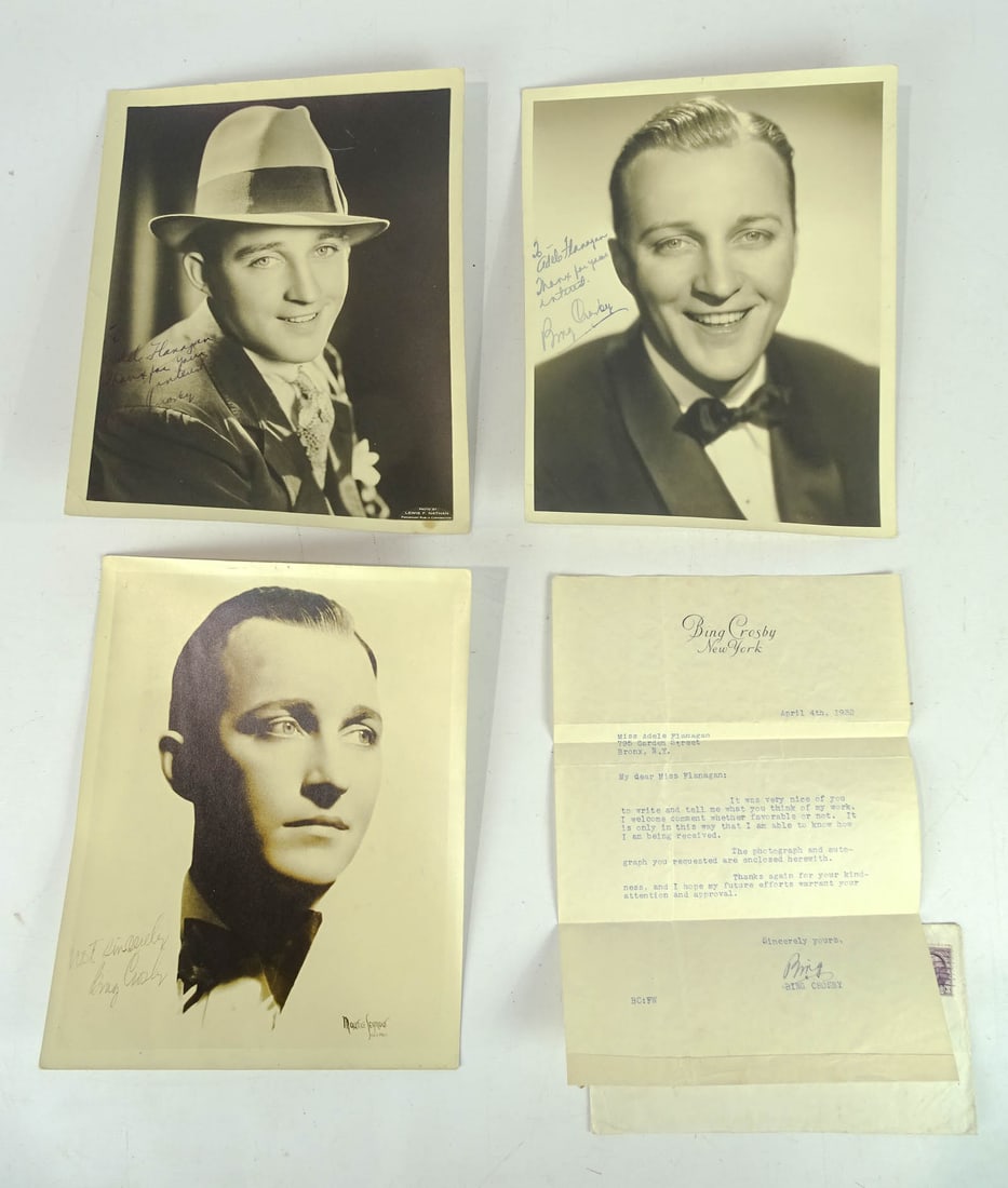 Bing Crosby Autographs: Lot (3) Bing Crosby autographed photo prints. 10" x 8".
