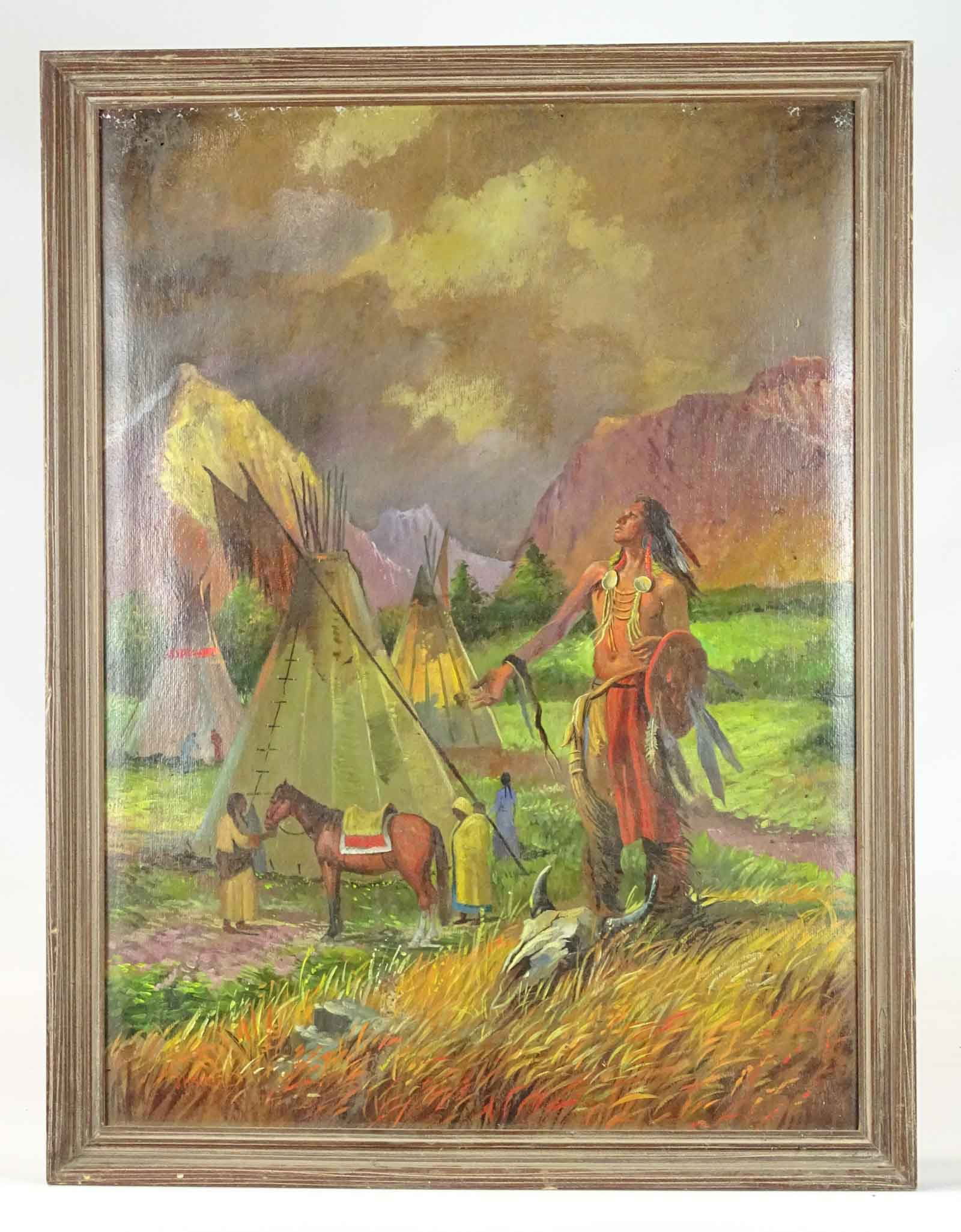 After Joseph Henry Sharp: Painting: After Joseph Henry Sharp (1859-1953), Native American subject, oil on artist board, as found, bears the signature "JH Sharp" LLC. Sight 28" x 20", overall 31" x 23 1/2".