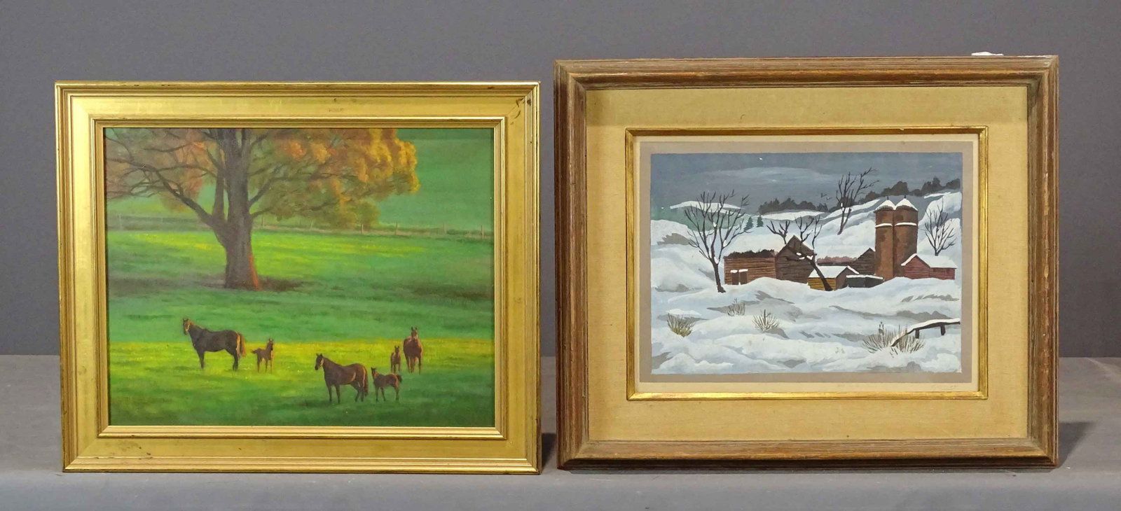 Artwork Lot: Lot (2) pieces of artwork including: Susan Dorazio (20th Century), horses in landscape, oil on canvas (overall 18" x 21 1/2"), landscape with barn, watercolor (overall 18" x 22").