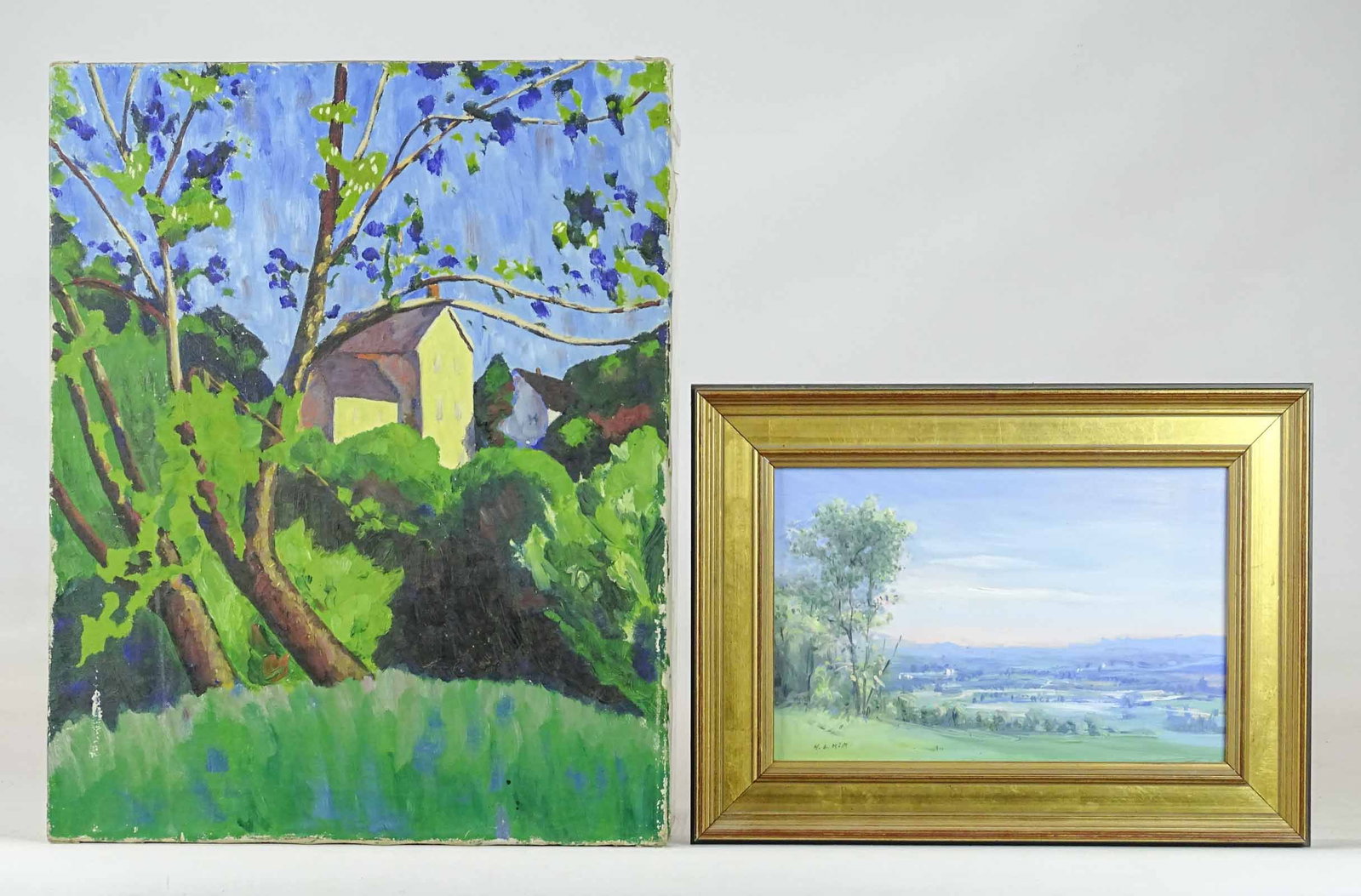 Artwork Lot: Artwork lot including: Landscape, oil on artist board (signed HS Kim, overall 12" x 15 1/2"), unframed landscape (oil on canvas, 20" x 16").