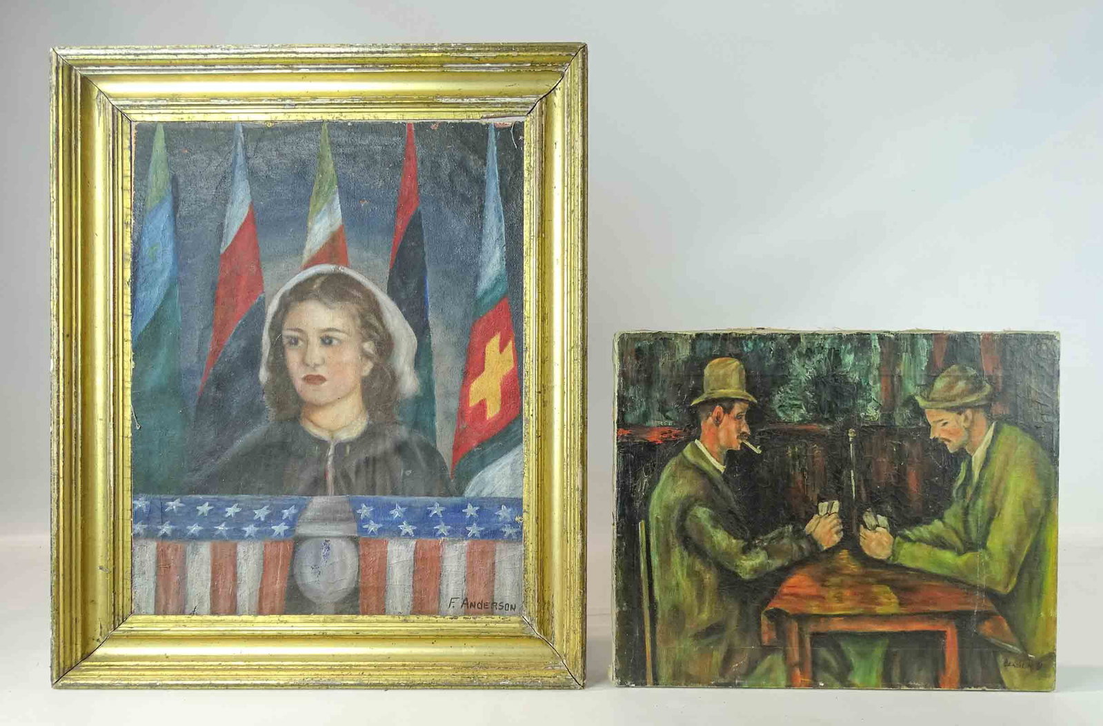 Artwork Lot: Artwork lot including: F. Anderson, woman with flags, oil on canvas (overall 25" x 21"), Berdie R. '61, card players, oil on canvas (14" x 17").