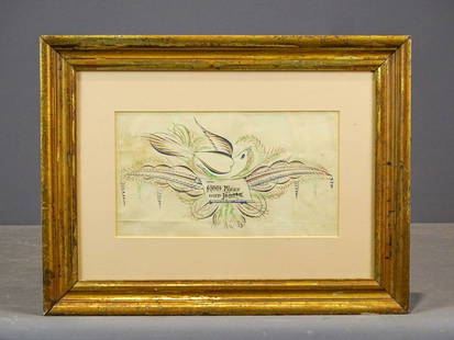 19th c. Calligraphy: 19th c. framed calligraphy. Sight 6" x 10", overall 12 1/2" x 16 1/2". Marked "God Bless Our Home".