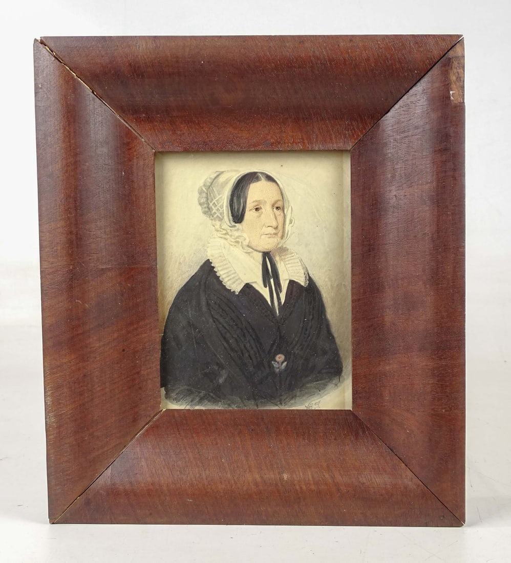 19th c. Watercolor of a Woman: 19th c. watercolor of a woman in a bonnet. Mahogany frame. Sight 5 1/2" x 4", overall 10 1/2" x 9".