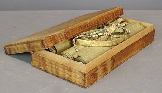 Japanese Scrolls: Three Japanese scrolls in wooden box.