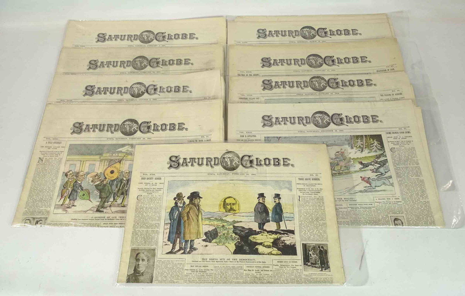 Saturday Globe Newspapers: Lot (9) original Saturday Globe Newspapers.1903-1904.