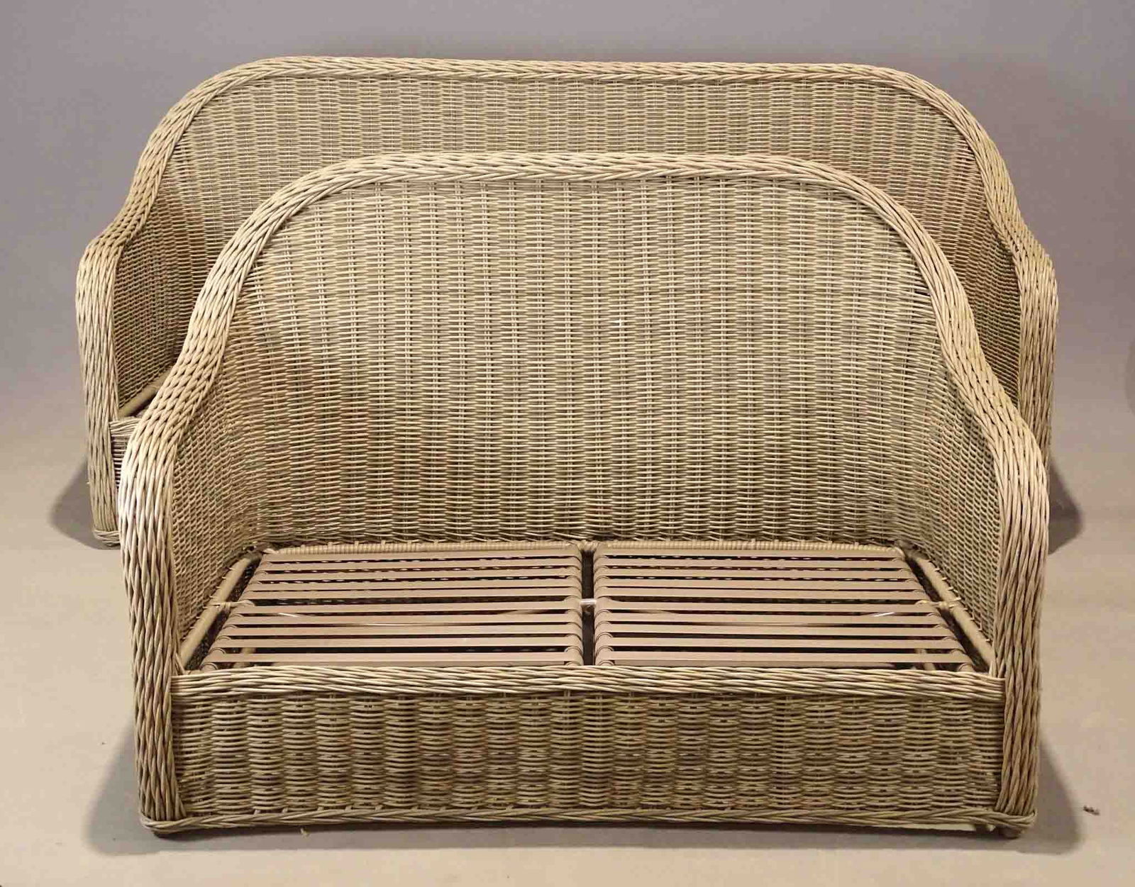 Wicker Sofa and Settee: Wicker sofa (80" L.), and settee (54"). No cushions.