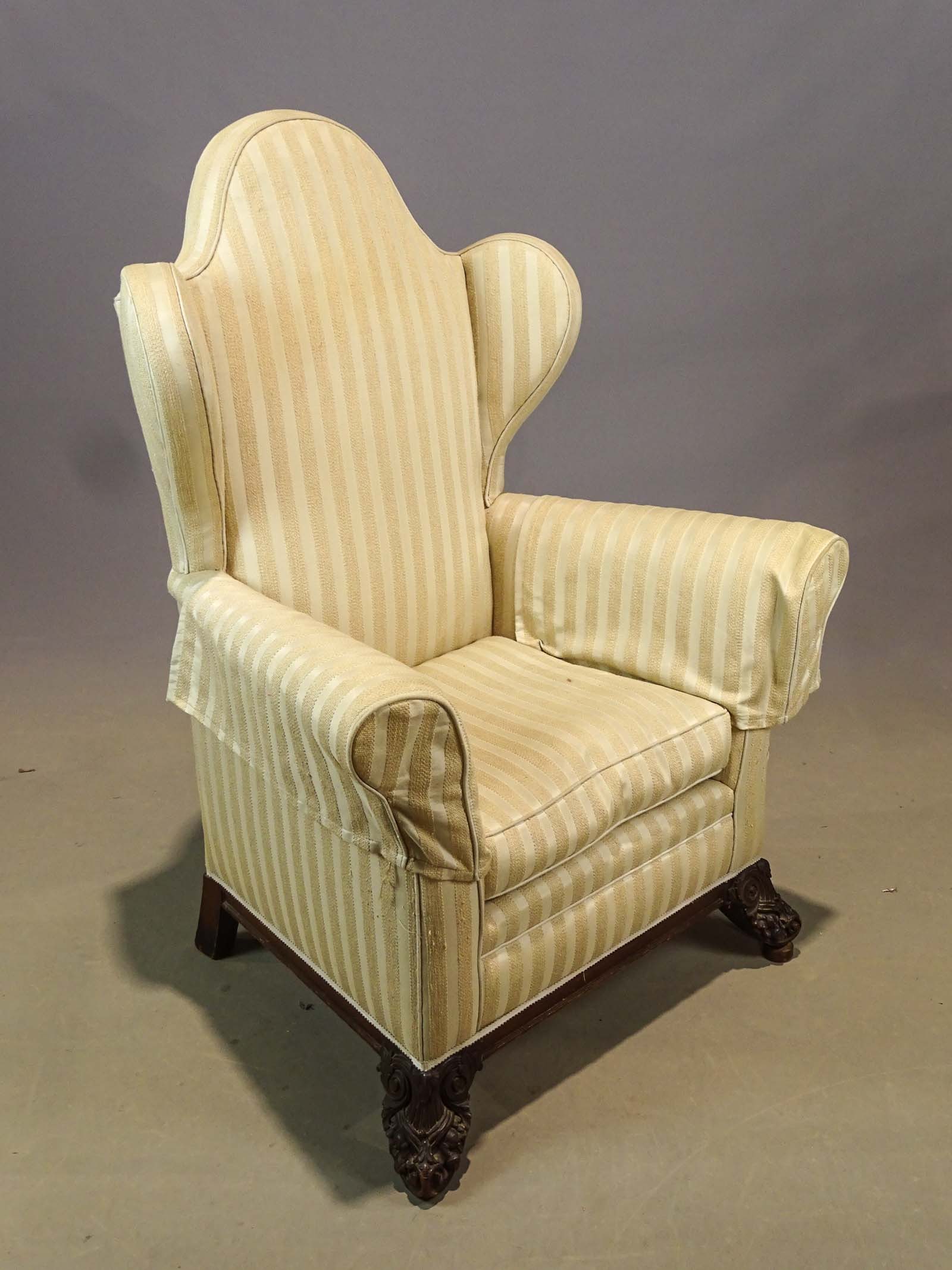 Vintage Upholstered Chair: Vintage carved wooden base upholstered chair. 18" seat Ht., 48" overall Ht..