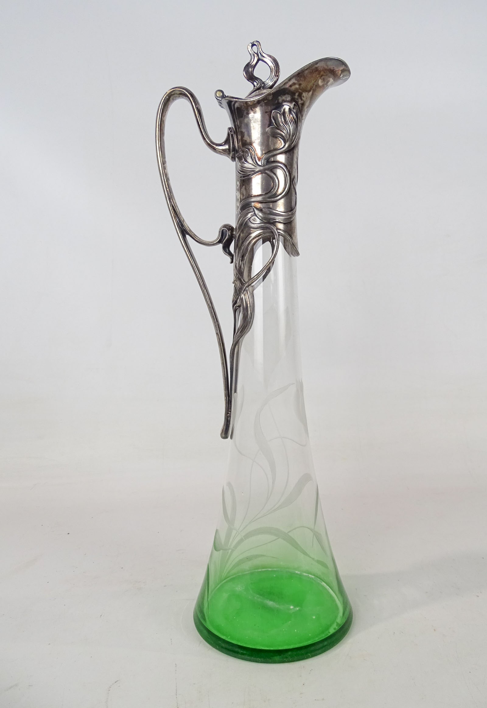 Art Nouveau Wine Ewer: Art Nouveau silverplate top wine ewer. 15 1/2" Ht..