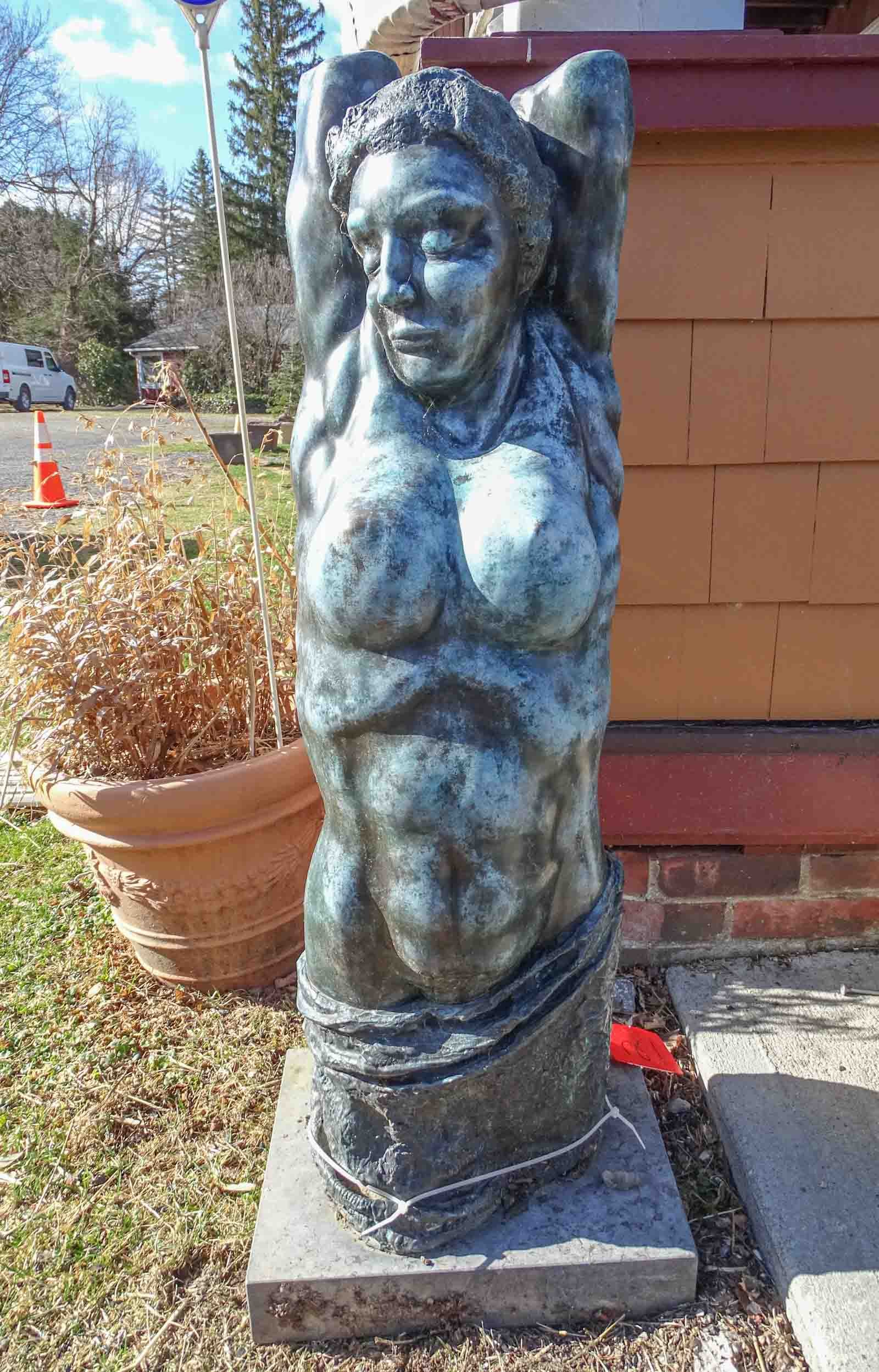 Benson Selzer (b. 1921), Statue: Bronze statue 42.5" ht.. Made by Benson Selzer (b. 1921). Titled "Woman VII". Patinated bronze. Edition of 6. 39 3/5" Ht., 11 1/2" D., 12 1/2" W..