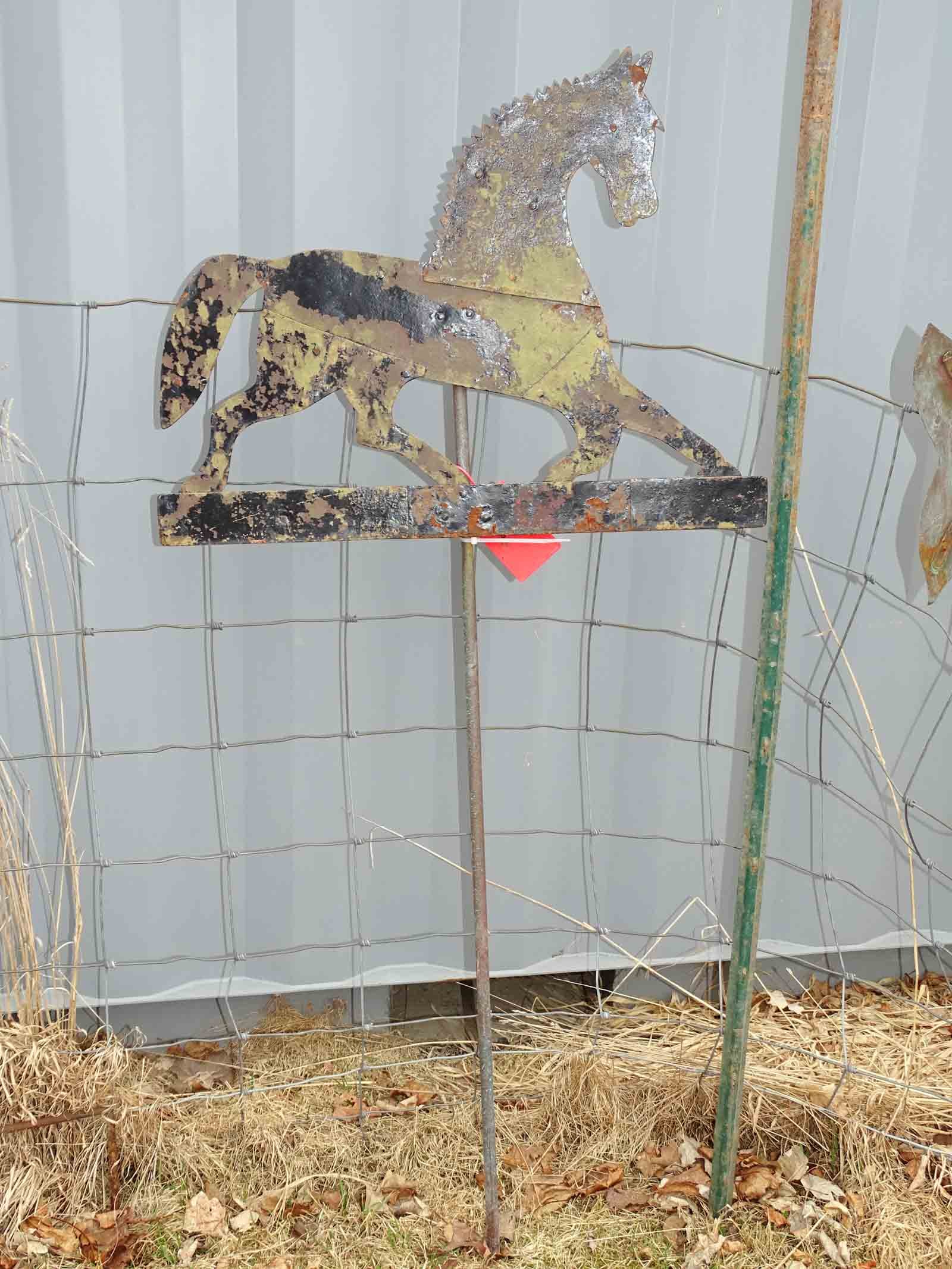 Horse Weathervane: Sheet metal horse weathervane. 21" ht, 28" w..