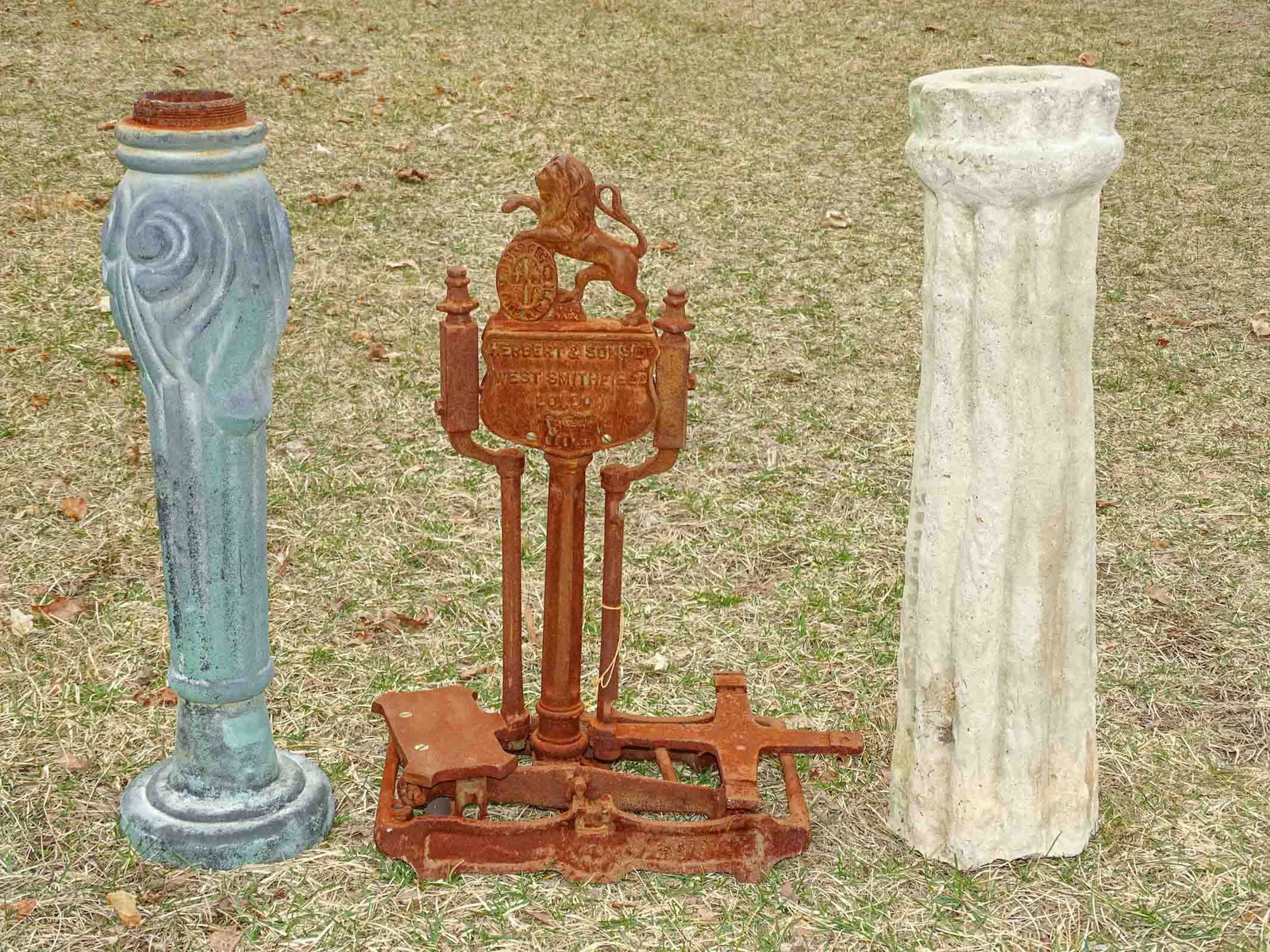 Misc. Lot: Misc. lot including iron column, scale and poured stone column.