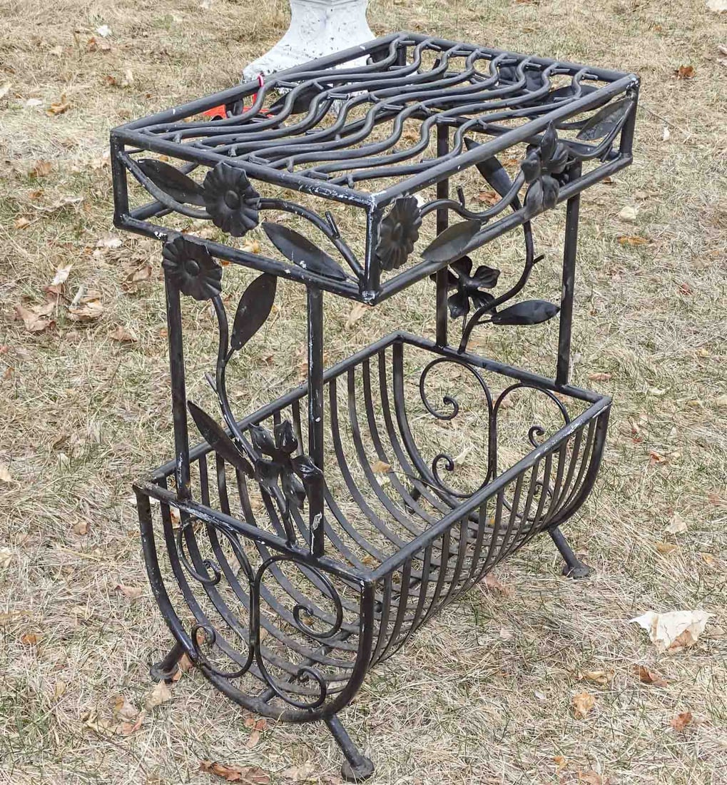Magazine Rack: Fancy wrought iron magazine table rack. 24" ht, 18" x 12".