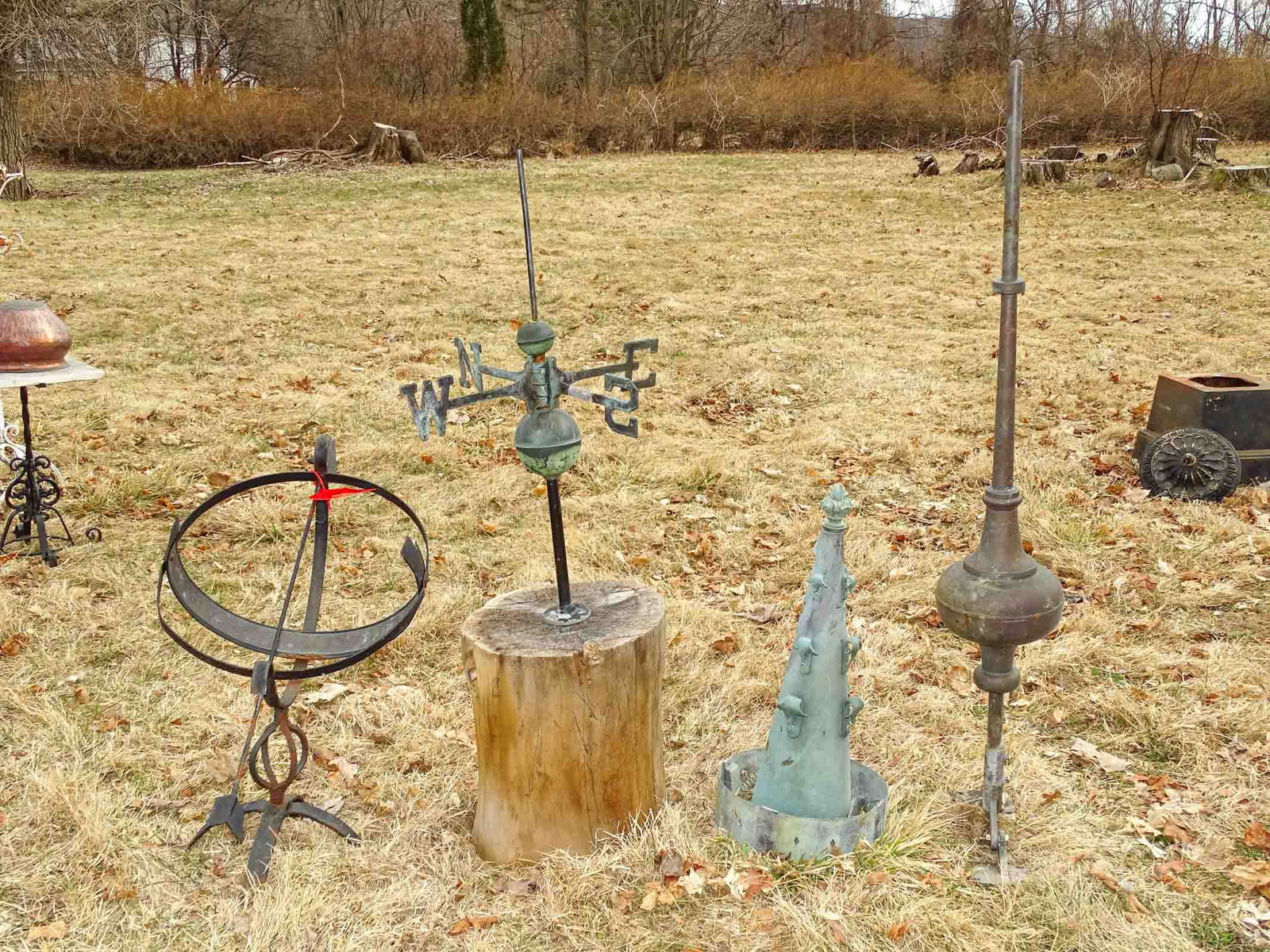 Misc. Lot: Misc. lot, lightening rod, armillary sphere, partial weathervane and cone shaped light. Tallest 46".