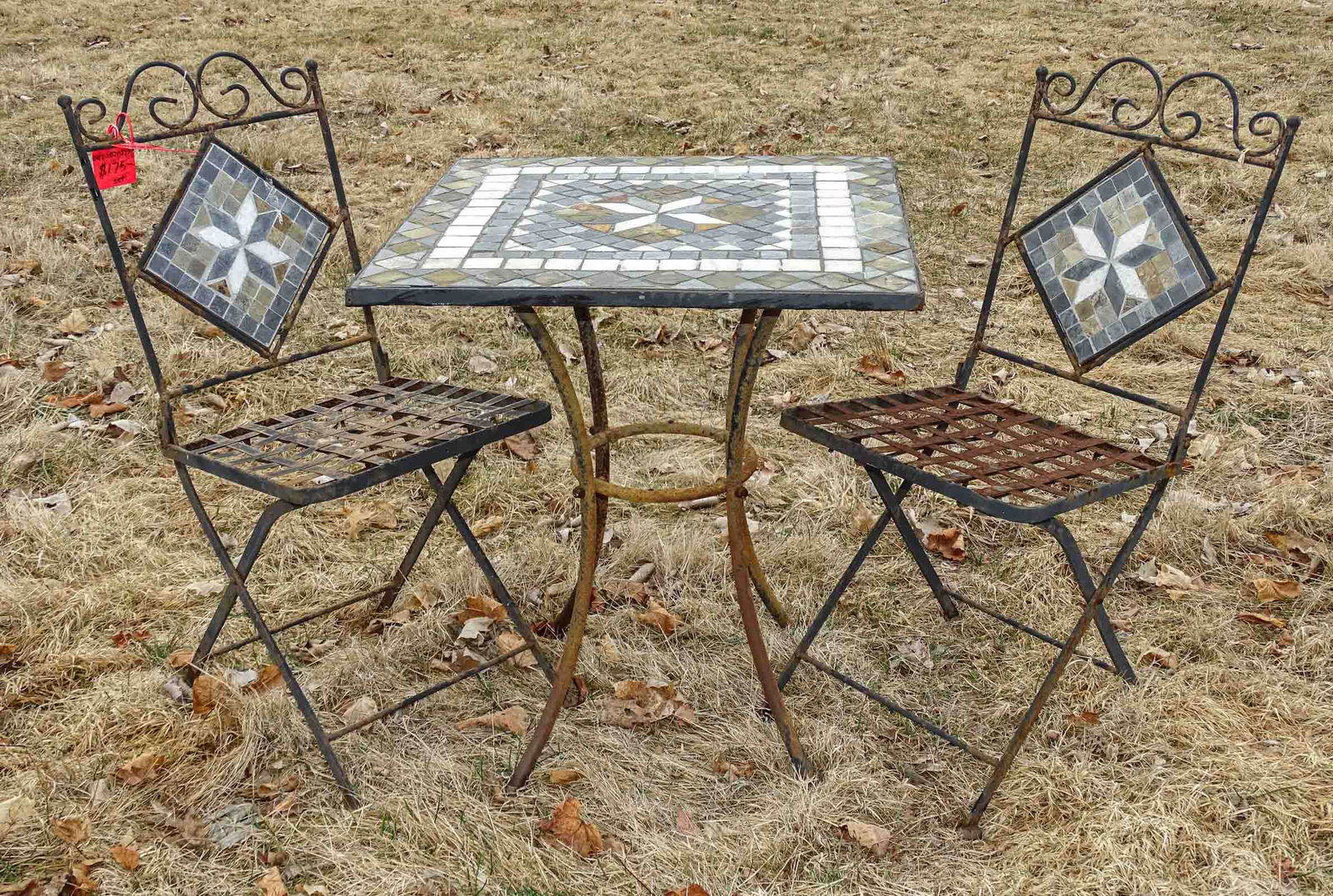 Metal and Stone Chairs and Table: Pair of metal and stone chairs and table. 29" ht, 24" square.