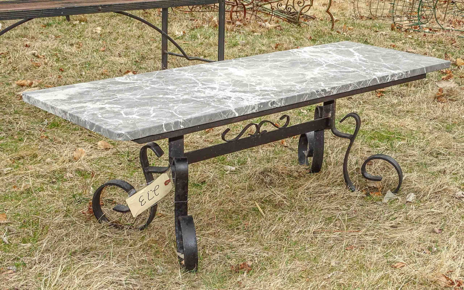 Coffee Table: Marble top garden coffee table. 15" ht, 46" x 16".