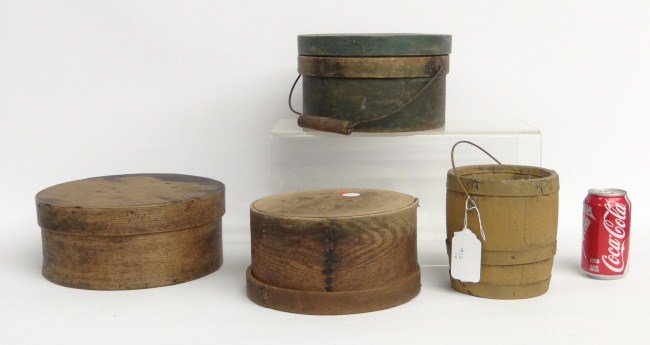 Pantry Box Lot: Lot three 19th c. pantry boxes along with swing handle bucket.