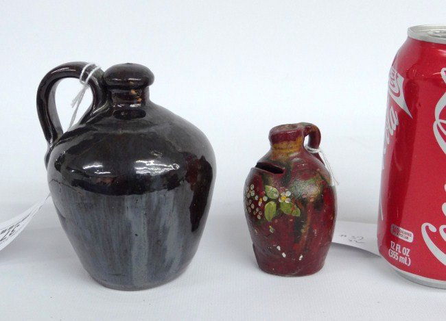 Bank Lot: Lot two 1890's paint decorated redware pottery miniature jug banks.