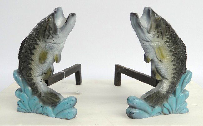 Fish Andirons: Pair cast iron painted fish andirons. 12" Ht.