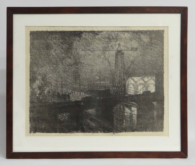 Lithograph Joseph Pennell: Joseph Penell (1857-1926), signed litho of N.Y. harbor. Loose in frame archivally matted. Sight 16 1/2" x 21 3/4".