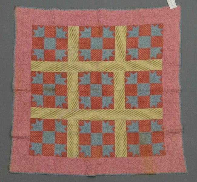 Crib Quilt: 19th c. bear paw crib quilt. Some staining. 38" Square.