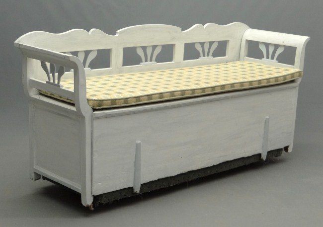 Hall Bench: Lift seat hall bench in white paint. 84" W.